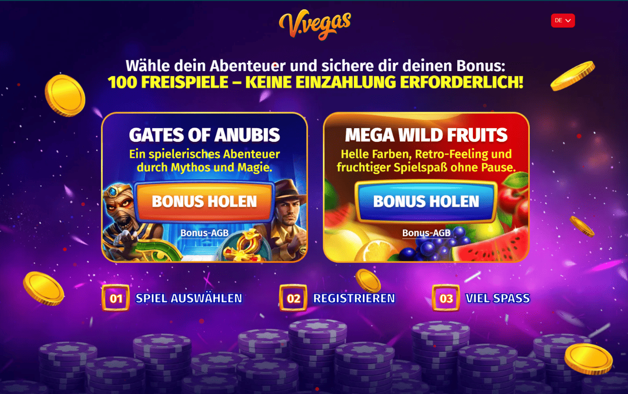 V.Vegas – 100 Freispiele für Mega Wild Fruits oder Gates of Anubis